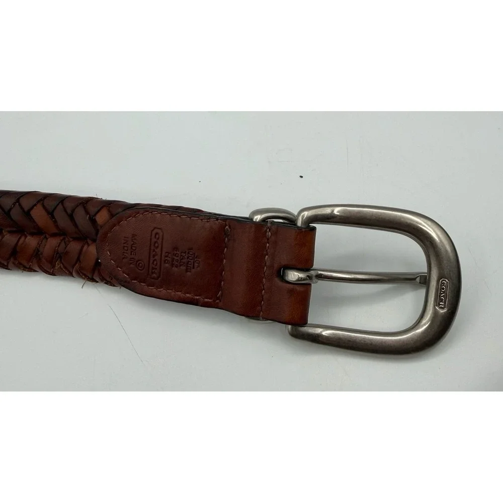 Coach Brown Braided Leather Belt Size 40 Woven Leather Silver Buckle Made In Ind